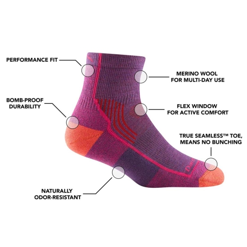 Damskie skarpety trekkingowe Darn Tough Women's Hiker Quarter Midweight Hiking Sock - Berry