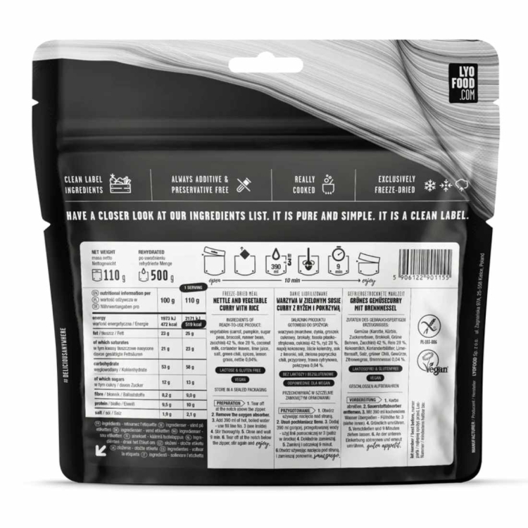 Wegańskie danie liofilizowane LYOFOOD Zielone curry z pokrzywą – 500 g