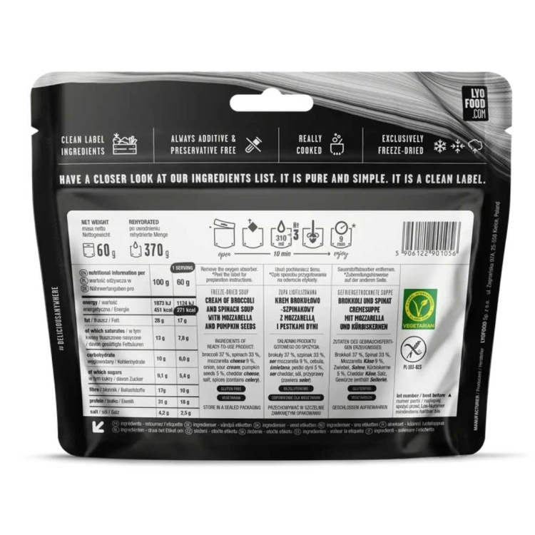Liofilizowane danie wegetariańskie LYOFOOD Kremowa zupa brokułowo-szpinakowa – 370 g