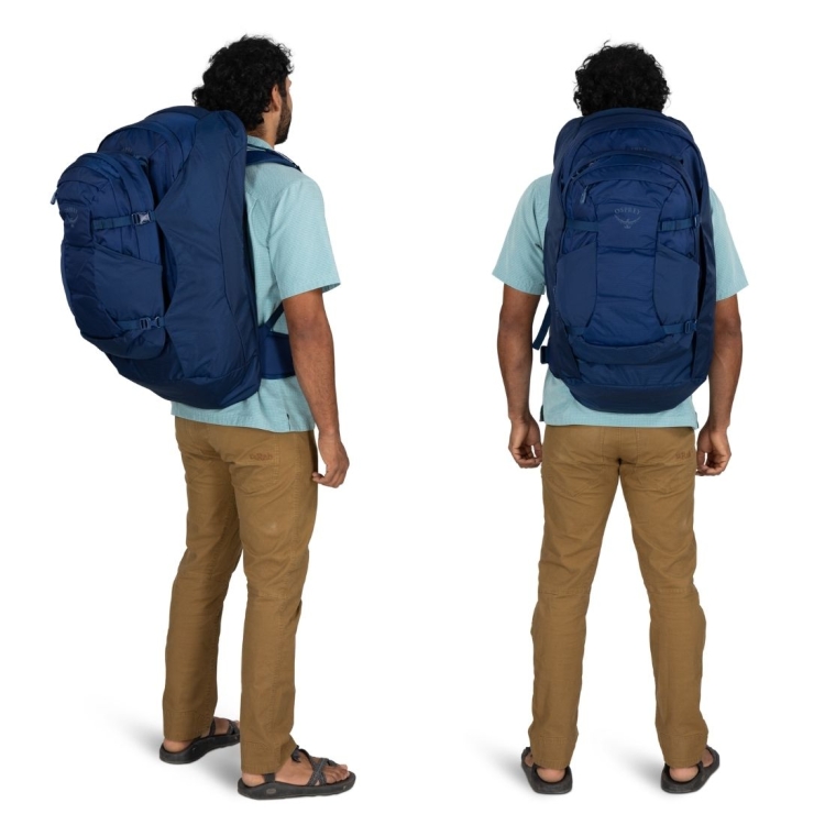 Męski plecak podróżny Osprey Farpoint 70 – Cascade Blue/Torrent Blue