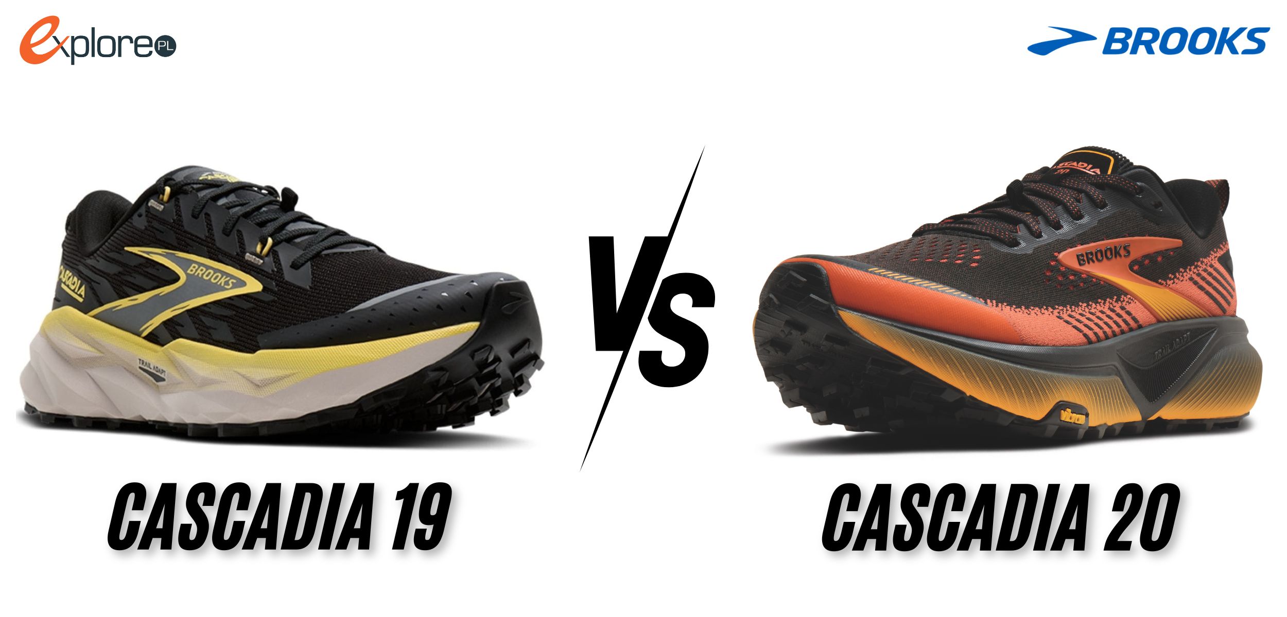 Na przeciw siebie dwa modele butów do biegania: Brooks Cascadia 19 i Brooks Cascadia 20