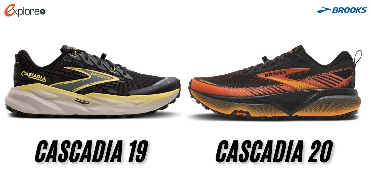 Buty Brooks Cascadia 19 ustawione naprzeciwko butów Brooks Cascadia 20. Białe tło. Pod butami napisy Cascadia 19 i Cascadia 20