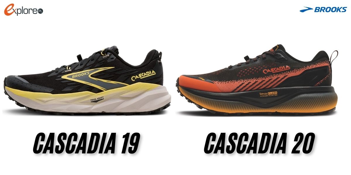 Buty Brooks Cascadia 19 ustawione obok siebie i zwrócone czubkiem buta w lewą stronę butów Brooks Cascadia 20. Białe tło. Pod butami napisy Cascadia 19 i Cascadia 20