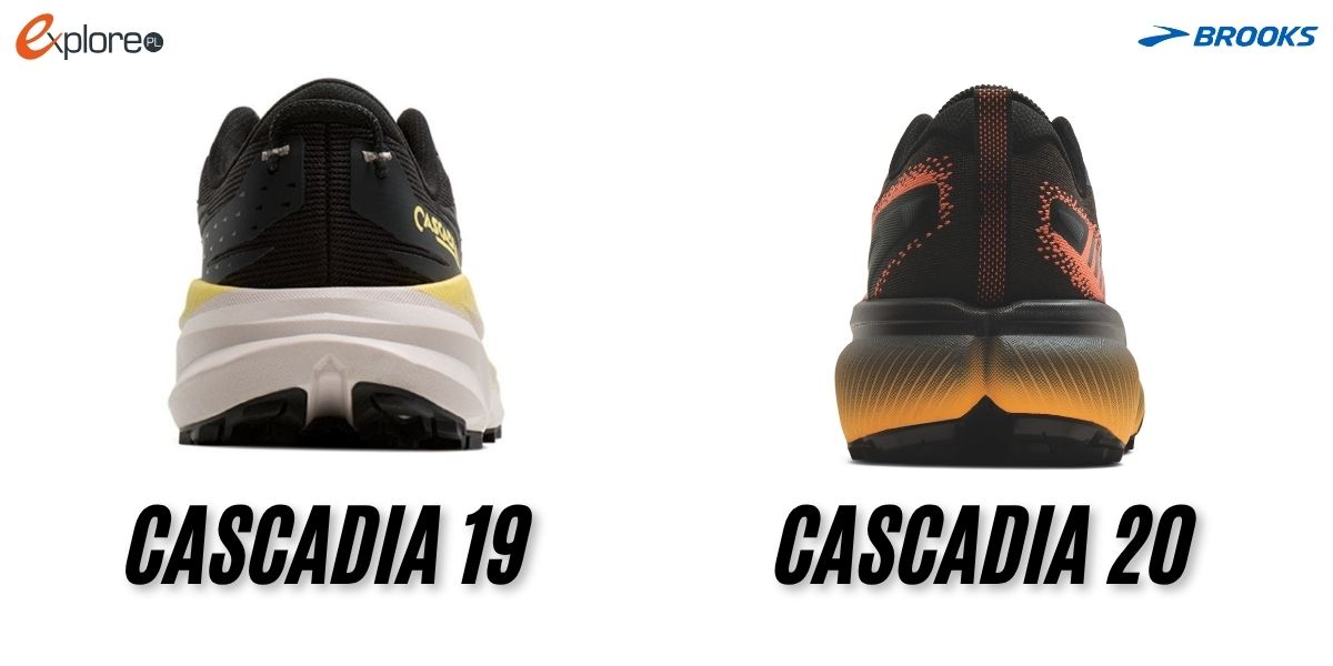 Buty Brooks Cascadia 19 ustawione obok siebie i widziane od tyłu. Białe tło. Pod butami napisy Cascadia 19 i Cascadia 20