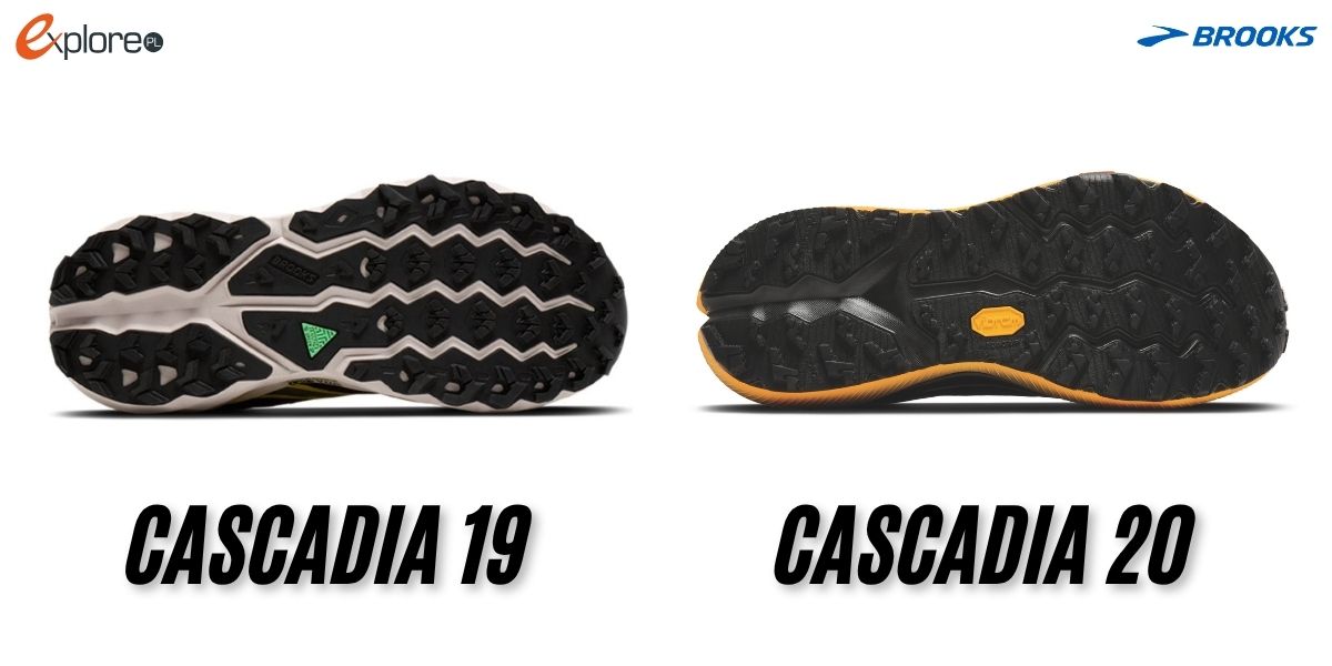 Buty Brooks Cascadia 19 ustawione obok siebie i zwrócone podeszwą w stronę patrzącego. Białe tło. Pod butami napisy Cascadia 19 i Cascadia 20